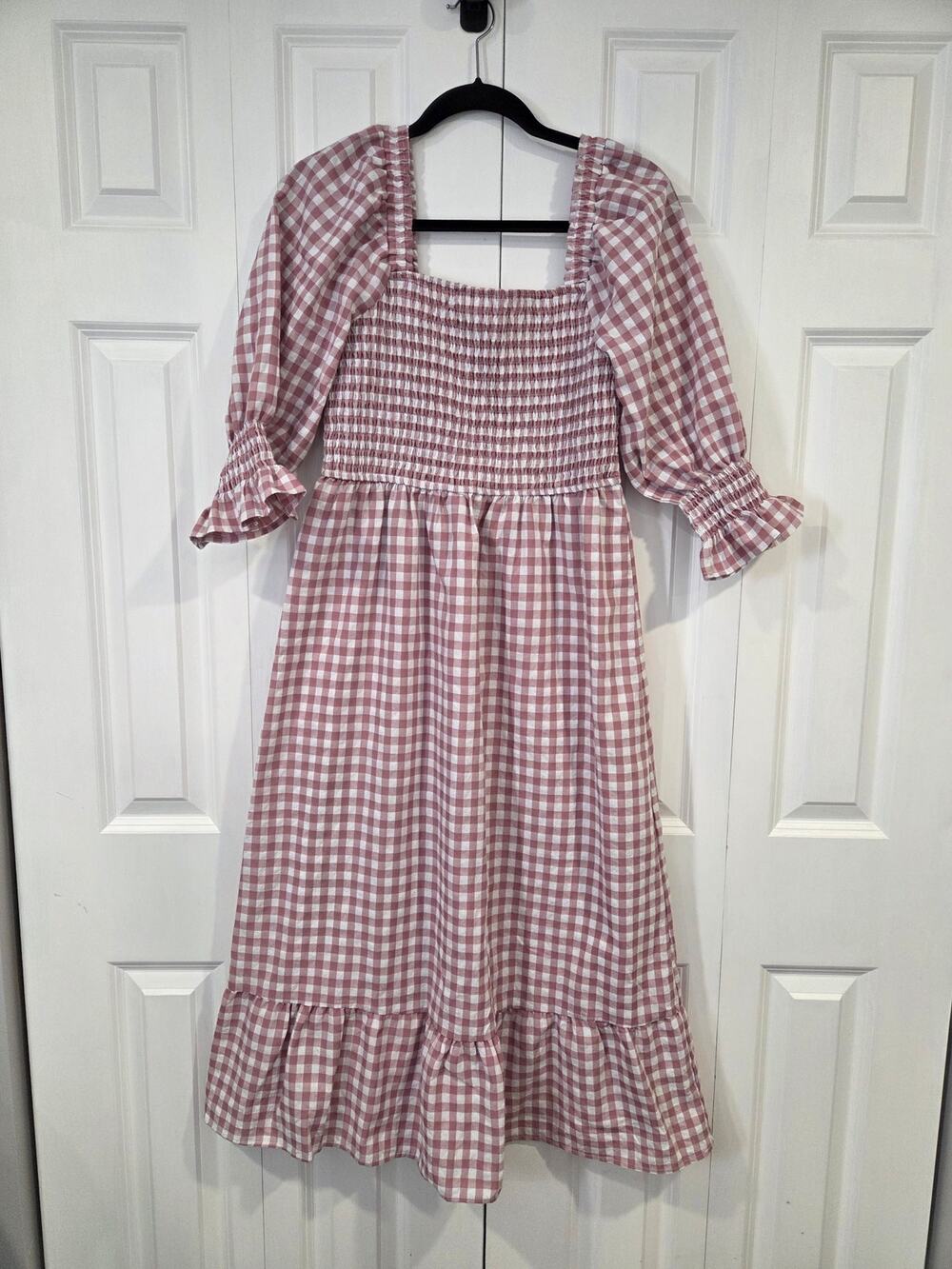 Dusty Pink/white Gingham Smocked Midi Dress Large